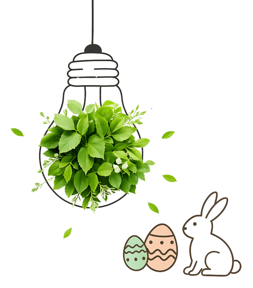 Ampoule contenant des feuilles vertes, accompagnée d’un œuf de Pâques et d’un lapin, symbolisant l’offre d’énergie verte spéciale Pâques