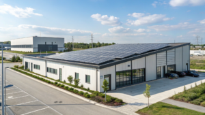 Bâtiment d’entreprise équipé de panneaux solaires illustrant un contrat d’électricité à long terme
