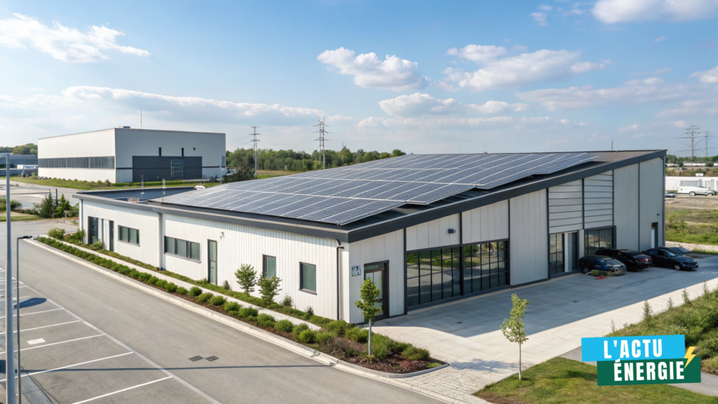 Bâtiment d’entreprise équipé de panneaux solaires illustrant un contrat d’électricité à long terme