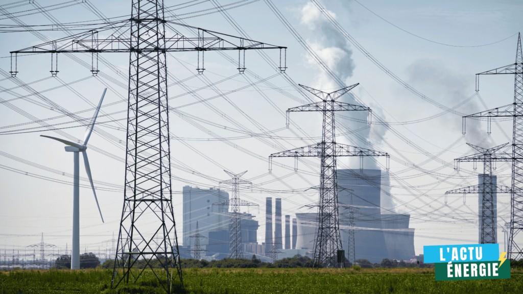 Paysage industriel mêlant lignes à haute tension, éoliennes et centrale thermique, illustrant la diversité du mix énergétique et les enjeux de transition.