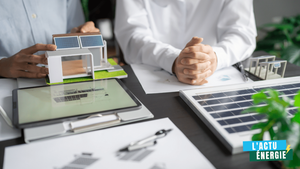 Maquette d’un bâtiment tertiaire avec panneaux photovoltaïques, tablette et documents techniques sur la gestion énergétique et le stockage solaire.