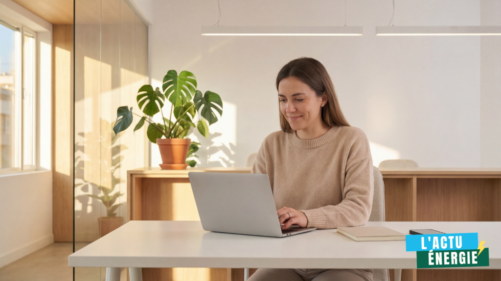 Employée assise face à son pc portable